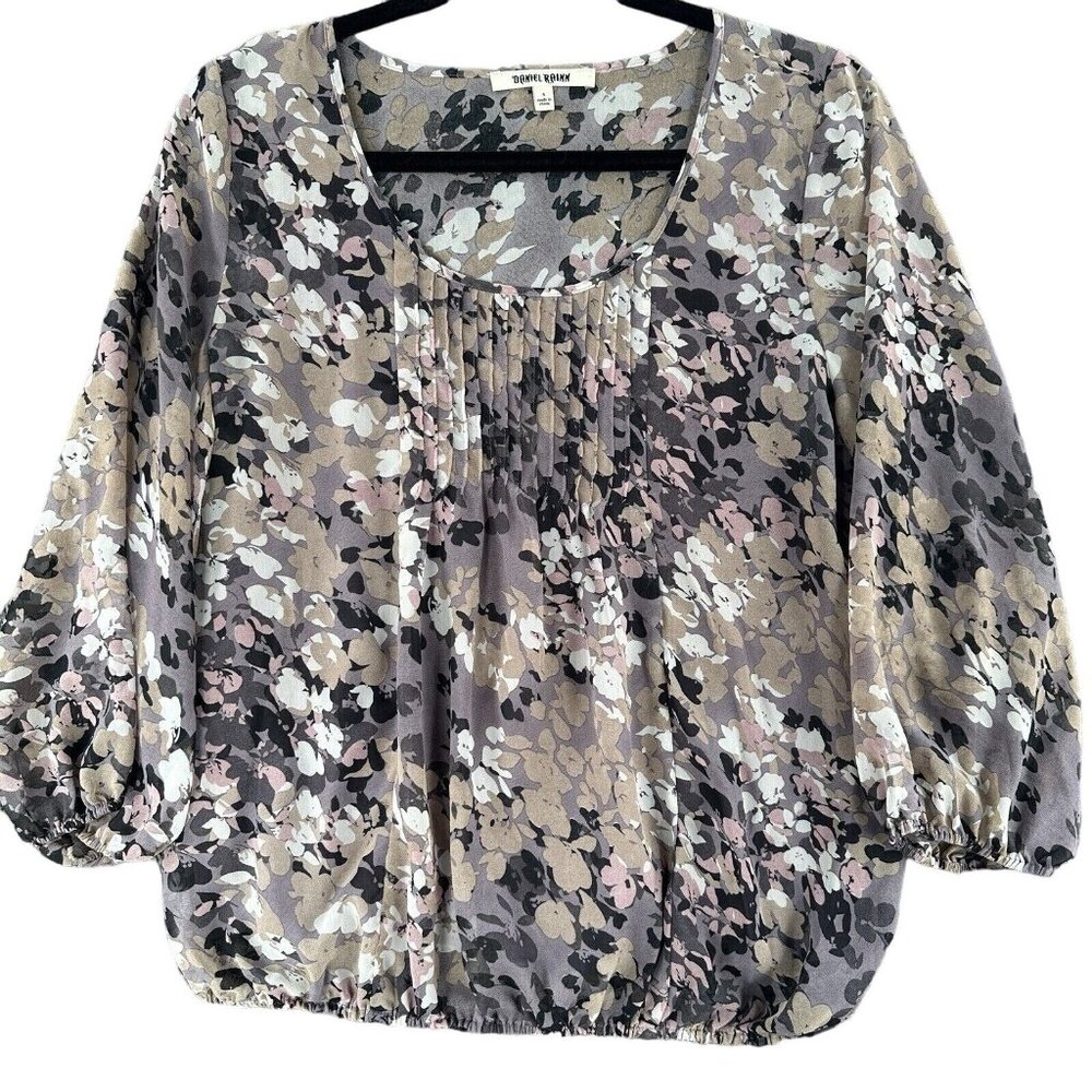 Sheer Floral Boho Peasant Blouse Womens Small Elastic Hem 3/4 Sleeve